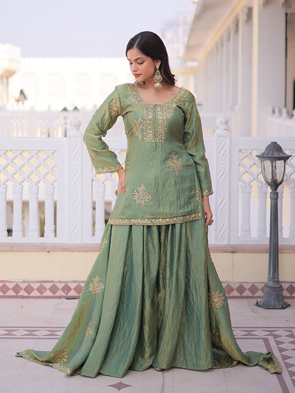 Pista Green Zari Sequins Embroidered Work Fendi Crush Top Sharara With Dupatta