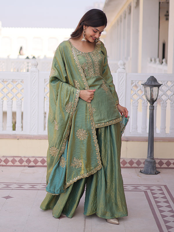 Pista Green Zari Sequins Embroidered Work Fendi Crush Top Sharara With Dupatta