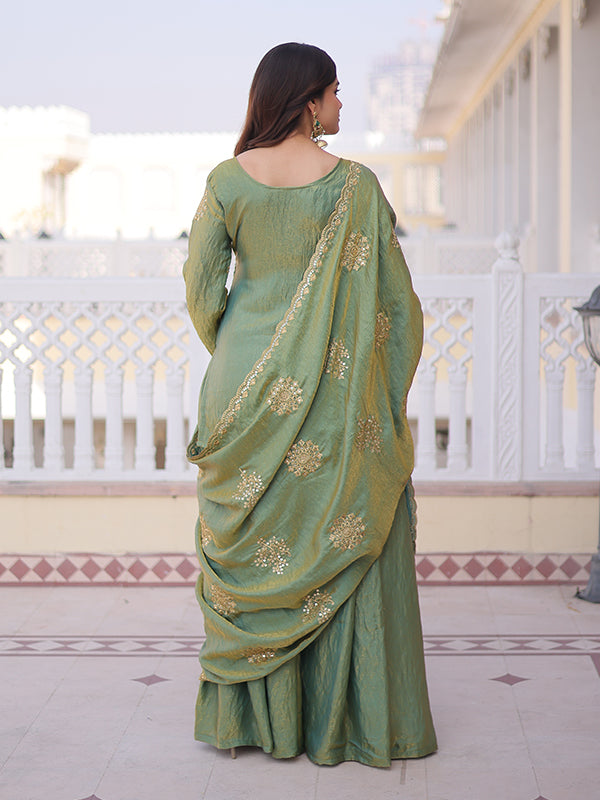 Pista Green Zari Sequins Embroidered Work Fendi Crush Top Sharara With Dupatta