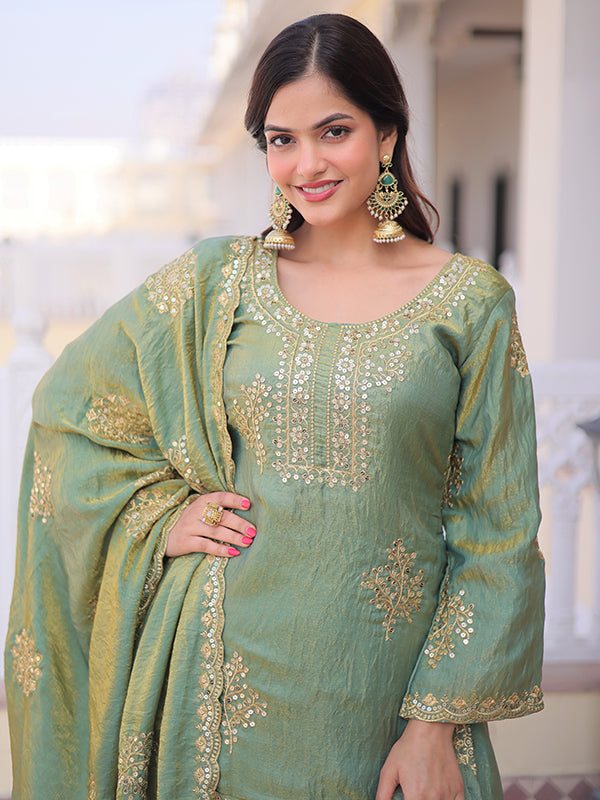 Pista Green Zari Sequins Embroidered Work Fendi Crush Top Sharara With Dupatta