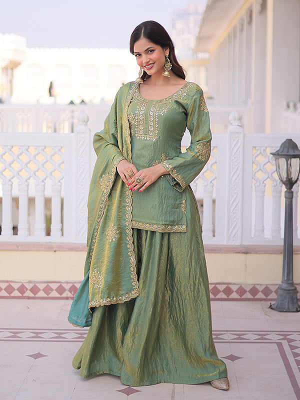 Pista Green Zari Sequins Embroidered Work Fendi Crush Top Sharara With Dupatta