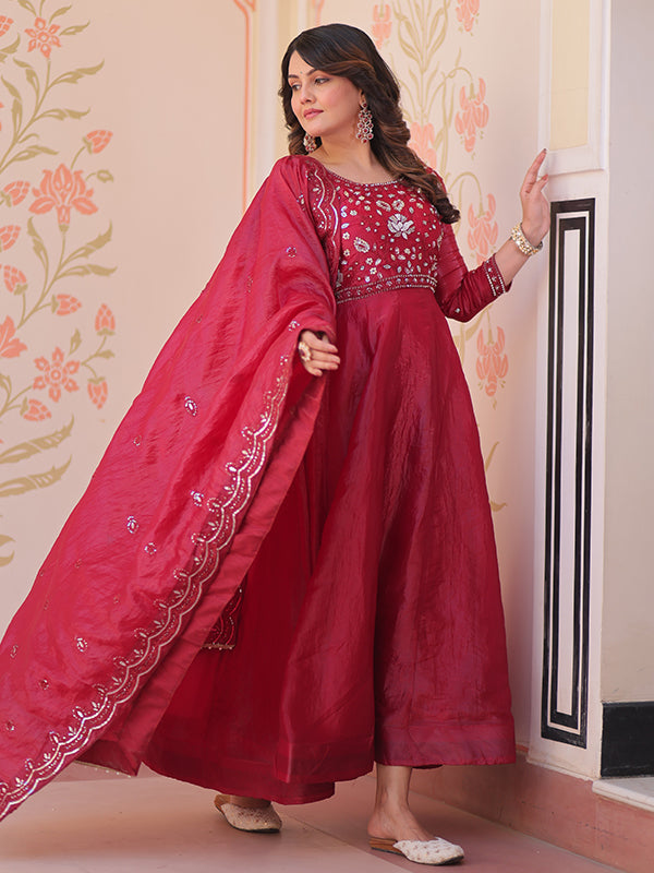 Maroon Beads Embroidery Work Gold Crush Anarkali Gown With Dupatta
