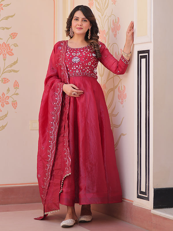 Maroon Beads Embroidery Work Gold Crush Anarkali Gown With Dupatta