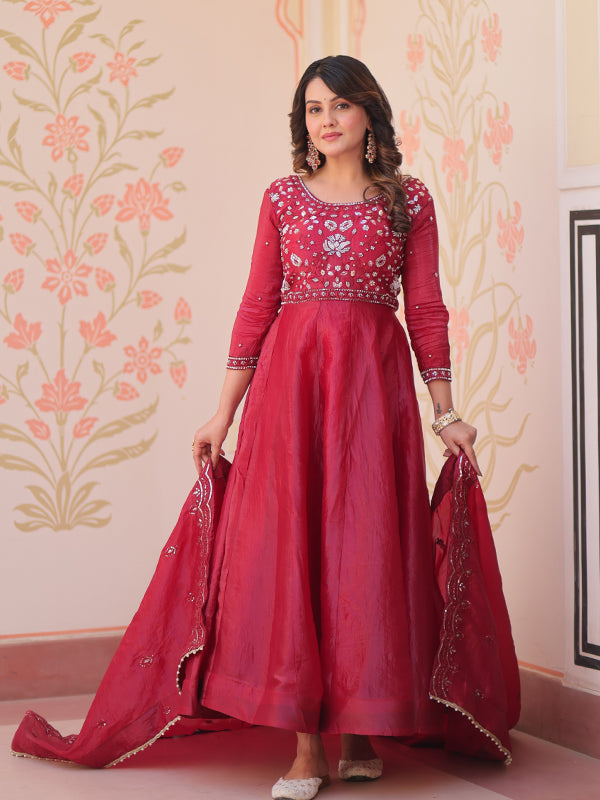 Maroon Beads Embroidery Work Gold Crush Anarkali Gown With Dupatta