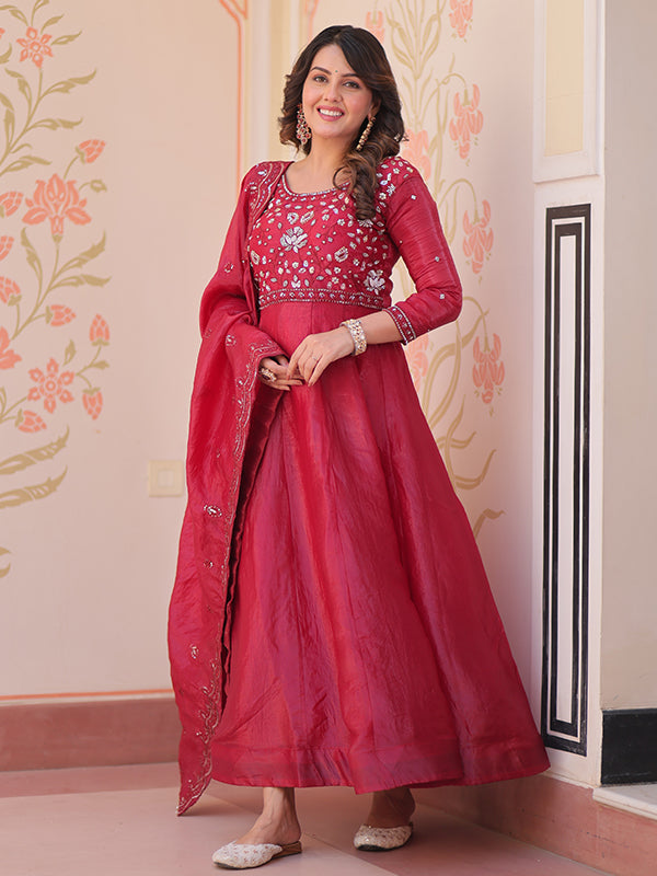 Maroon Beads Embroidery Work Gold Crush Anarkali Gown With Dupatta