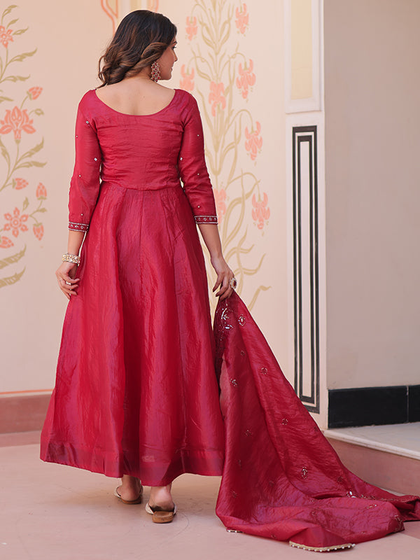 Maroon Beads Embroidery Work Gold Crush Anarkali Gown With Dupatta