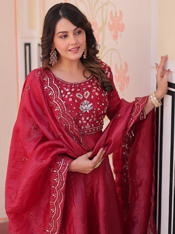 Maroon Beads Embroidery Work Gold Crush Anarkali Gown With Dupatta
