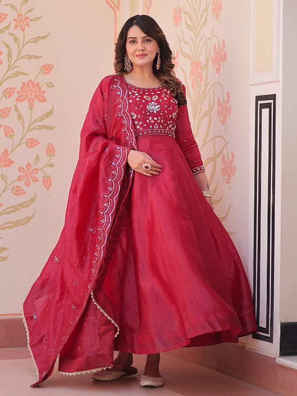 Maroon Beads Embroidery Work Gold Crush Anarkali Gown With Dupatta