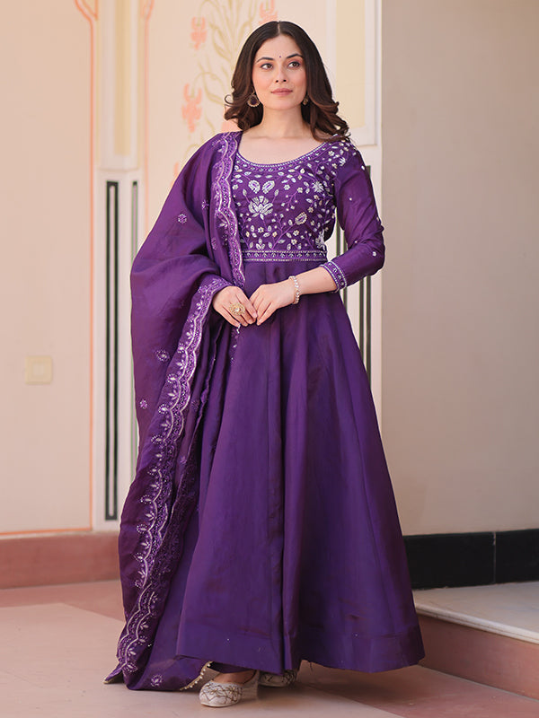 Purple Beads Embroidery Work Gold Crush Anarkali Gown With Dupatta