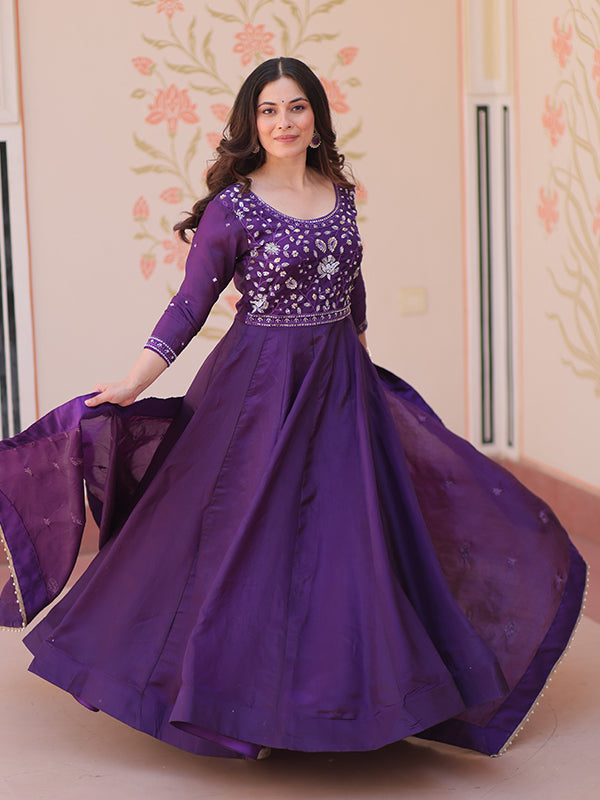 Purple Beads Embroidery Work Gold Crush Anarkali Gown With Dupatta