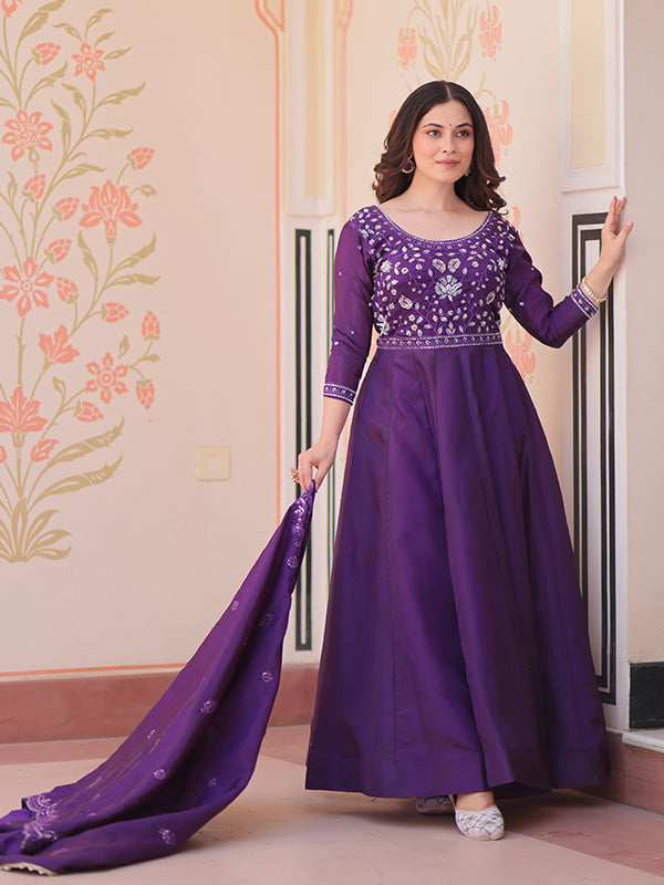 Purple Beads Embroidery Work Gold Crush Anarkali Gown With Dupatta