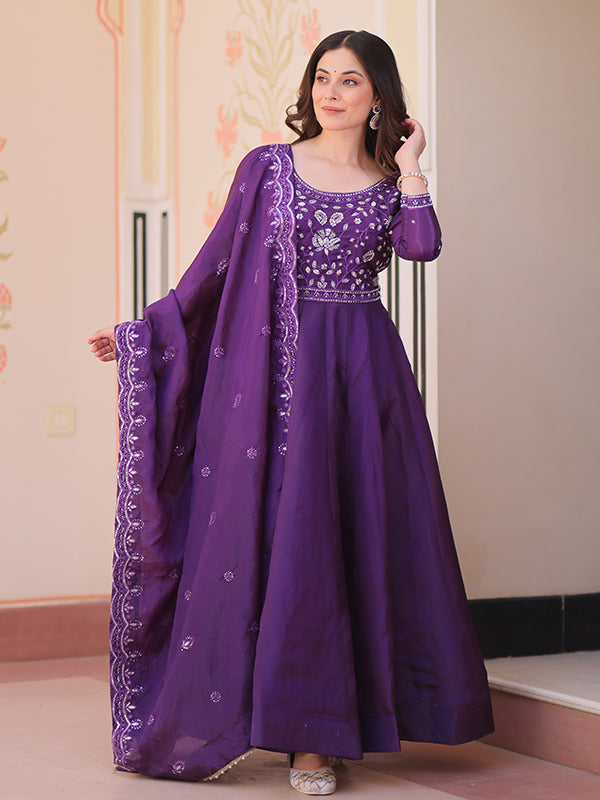 Purple Beads Embroidery Work Gold Crush Anarkali Gown With Dupatta