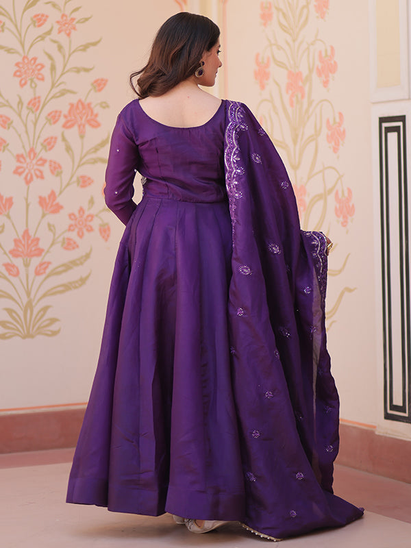 Purple Beads Embroidery Work Gold Crush Anarkali Gown With Dupatta