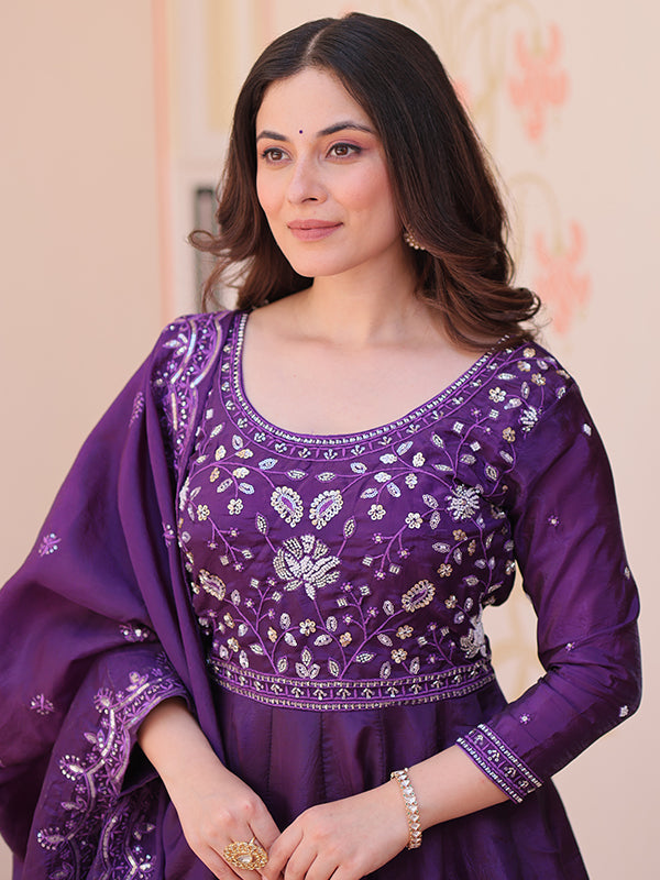 Purple Beads Embroidery Work Gold Crush Anarkali Gown With Dupatta