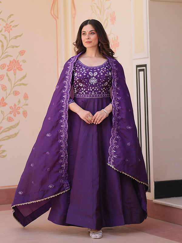 Purple Beads Embroidery Work Gold Crush Anarkali Gown With Dupatta