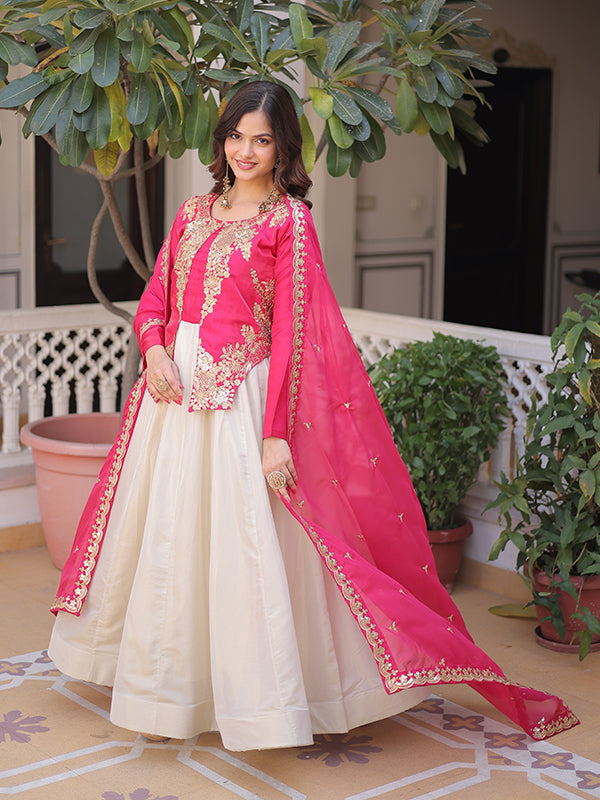 Pink Sequins Embroidered Work Glass Roman Cosmos Gown With Tabby Silk Dupatta