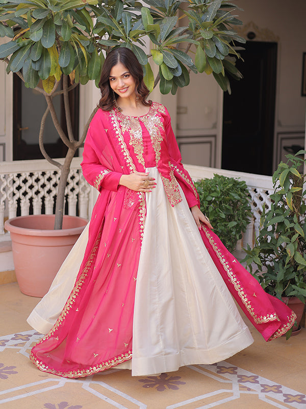 Pink Sequins Embroidered Work Glass Roman Cosmos Gown With Tabby Silk Dupatta