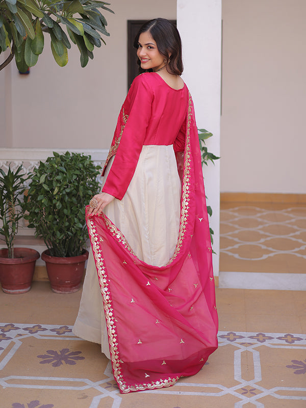 Pink Sequins Embroidered Work Glass Roman Cosmos Gown With Tabby Silk Dupatta