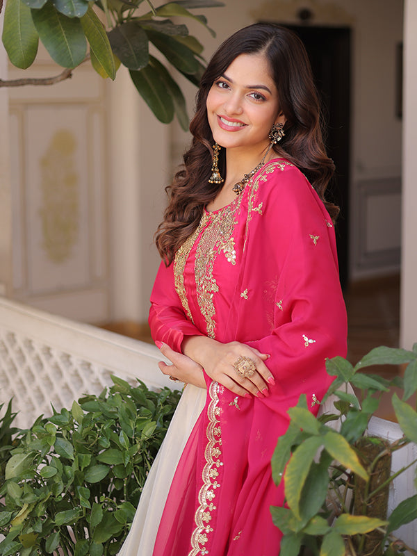 Pink Sequins Embroidered Work Glass Roman Cosmos Gown With Tabby Silk Dupatta