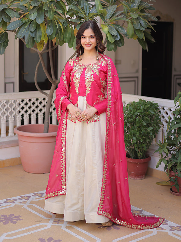 Pink Sequins Embroidered Work Glass Roman Cosmos Gown With Tabby Silk Dupatta