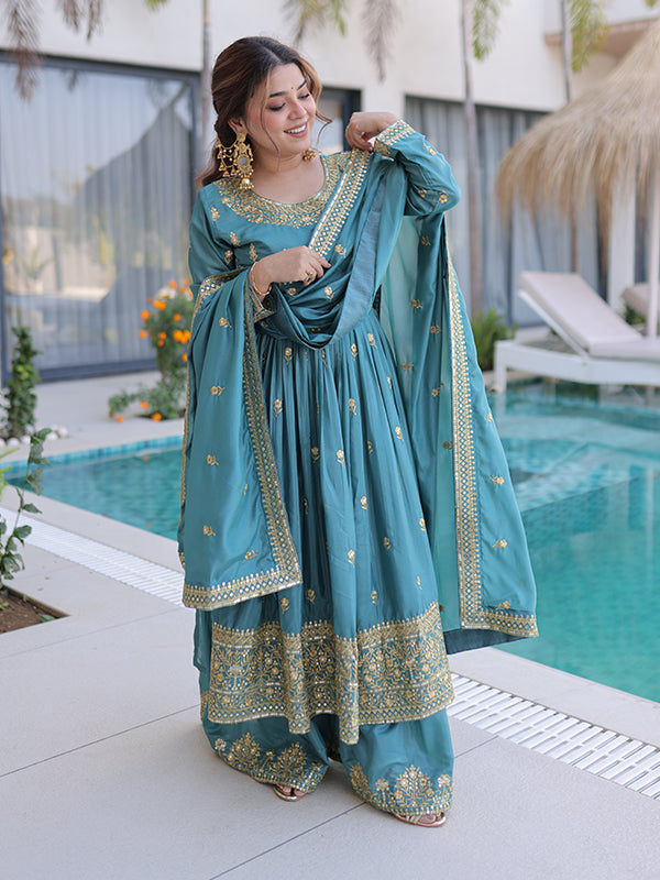 Sky Blue Rich Sequins Embroidered Work Super Silk Top Sharara With Dupatta