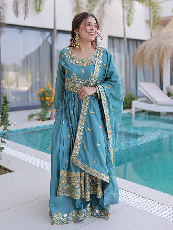 Sky Blue Rich Sequins Embroidered Work Super Silk Top Sharara With Dupatta