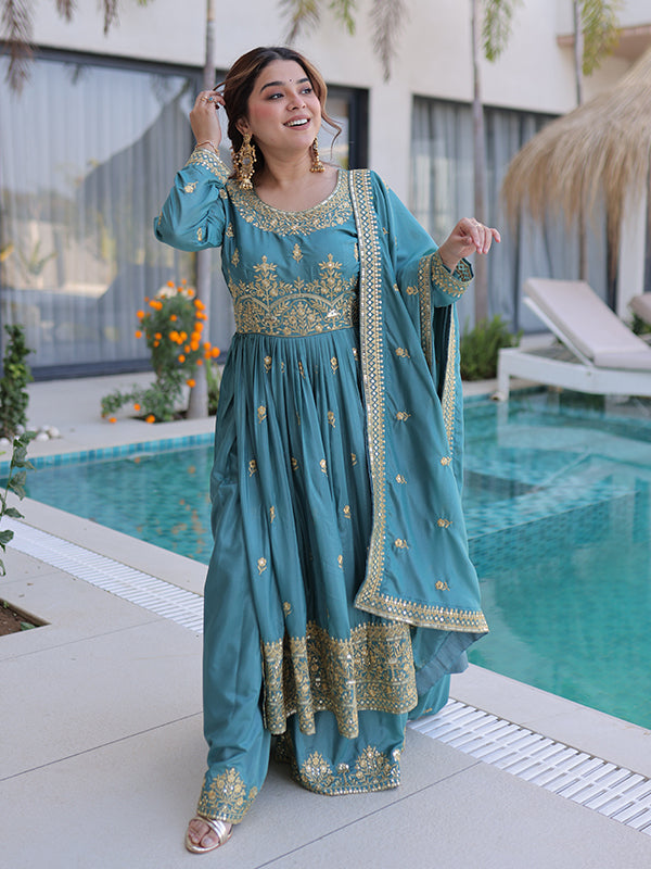 Sky Blue Rich Sequins Embroidered Work Super Silk Top Sharara With Dupatta