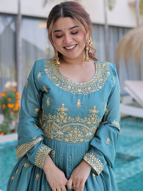 Sky Blue Rich Sequins Embroidered Work Super Silk Top Sharara With Dupatta