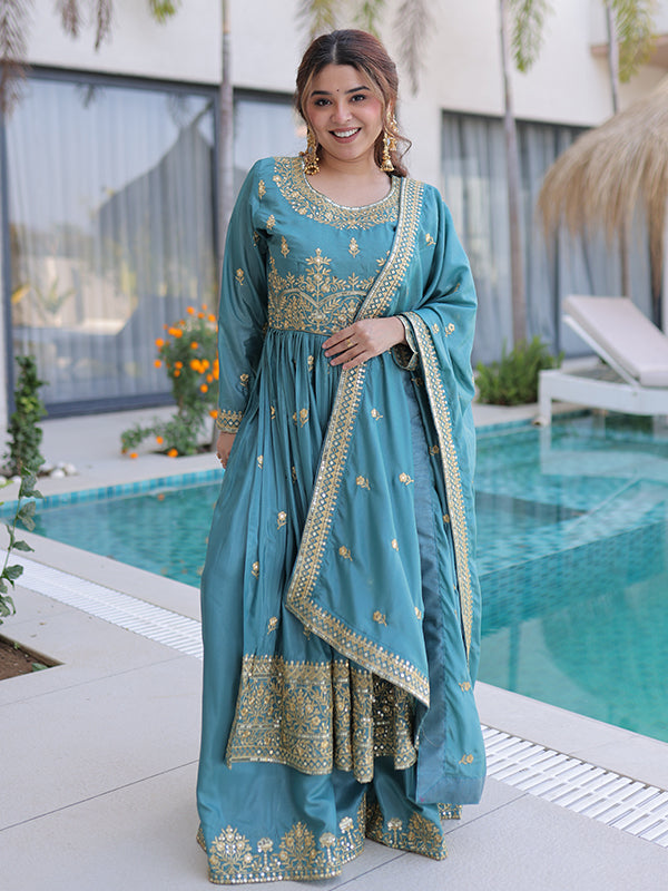 Sky Blue Rich Sequins Embroidered Work Super Silk Top Sharara With Dupatta