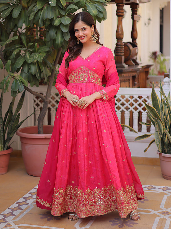 Pink Embroidery Zari Sequins Work Digital Printed Russian Silk Gown With Dupatta