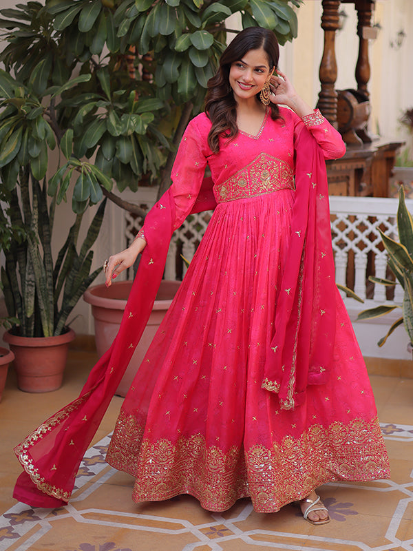 Pink Embroidery Zari Sequins Work Digital Printed Russian Silk Gown With Dupatta