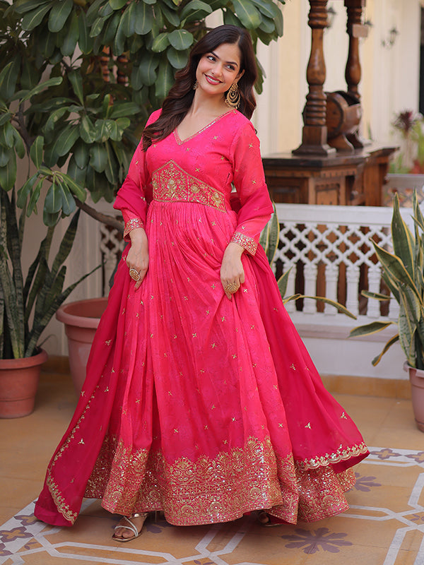 Pink Embroidery Zari Sequins Work Digital Printed Russian Silk Gown With Dupatta