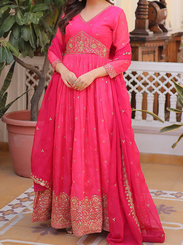 Pink Embroidery Zari Sequins Work Digital Printed Russian Silk Gown With Dupatta
