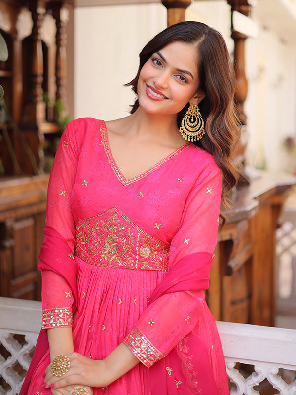 Pink Embroidery Zari Sequins Work Digital Printed Russian Silk Gown With Dupatta
