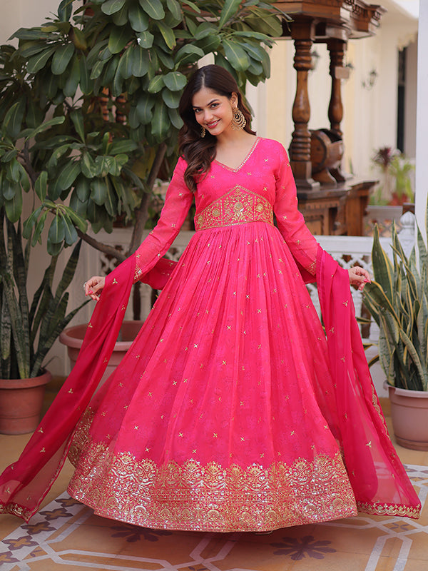 Pink Embroidery Zari Sequins Work Digital Printed Russian Silk Gown With Dupatta