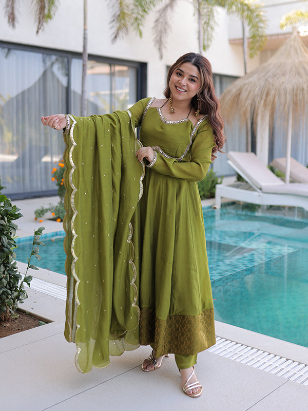 Pista Green Rich Mirror Lace work Mal Chanderi Gown With Dupatta