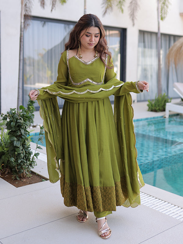 Pista Green Rich Mirror Lace work Mal Chanderi Gown With Dupatta