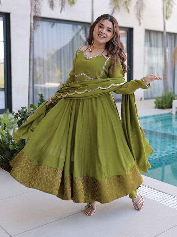 Pista Green Rich Mirror Lace work Mal Chanderi Gown With Dupatta