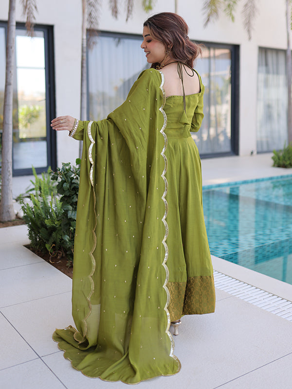 Pista Green Rich Mirror Lace work Mal Chanderi Gown With Dupatta