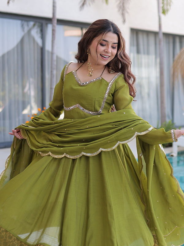 Pista Green Rich Mirror Lace work Mal Chanderi Gown With Dupatta