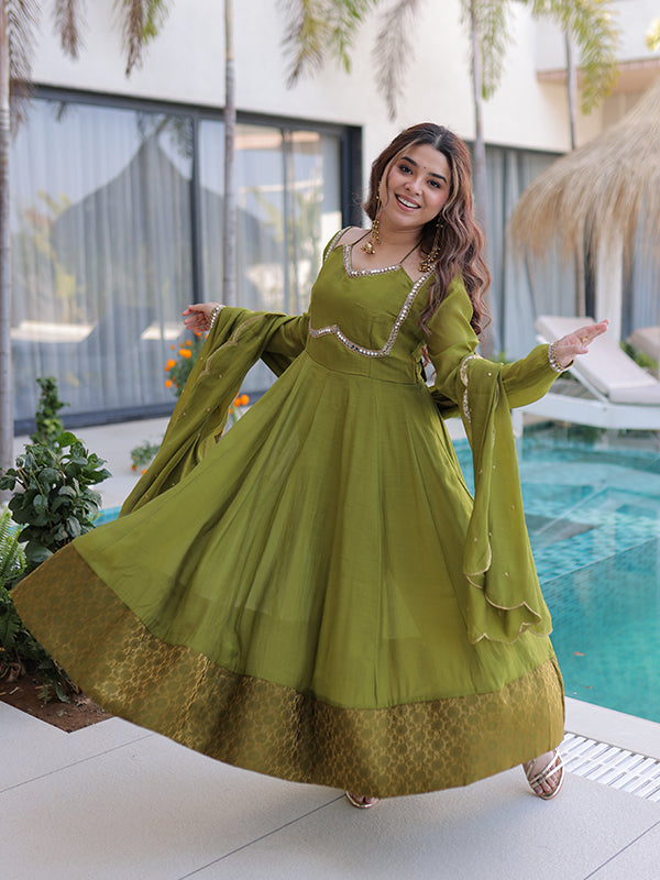 Pista Green Rich Mirror Lace work Mal Chanderi Gown With Dupatta