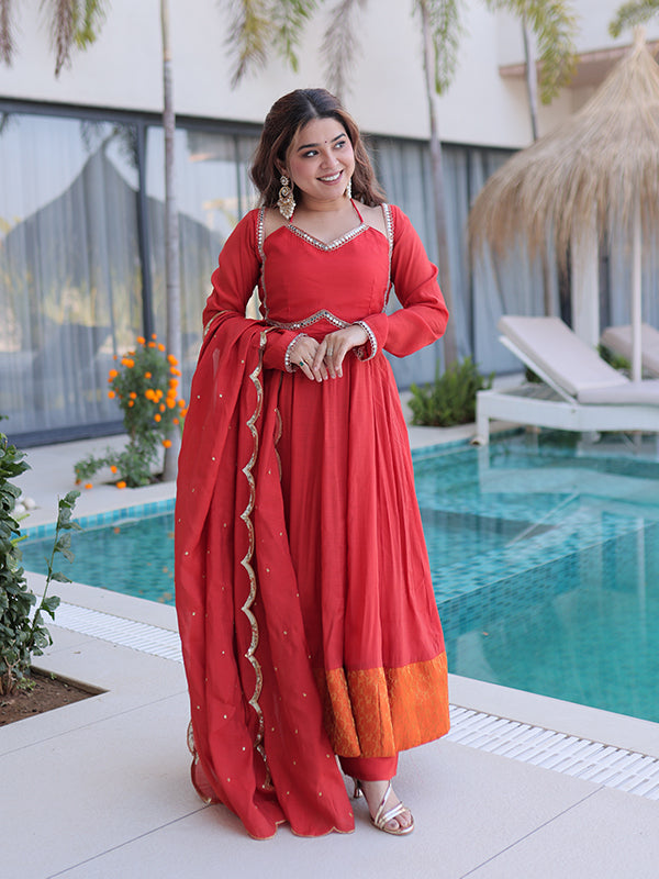 Rust Red Rich Mirror Lace work Mal Chanderi Gown With Dupatta
