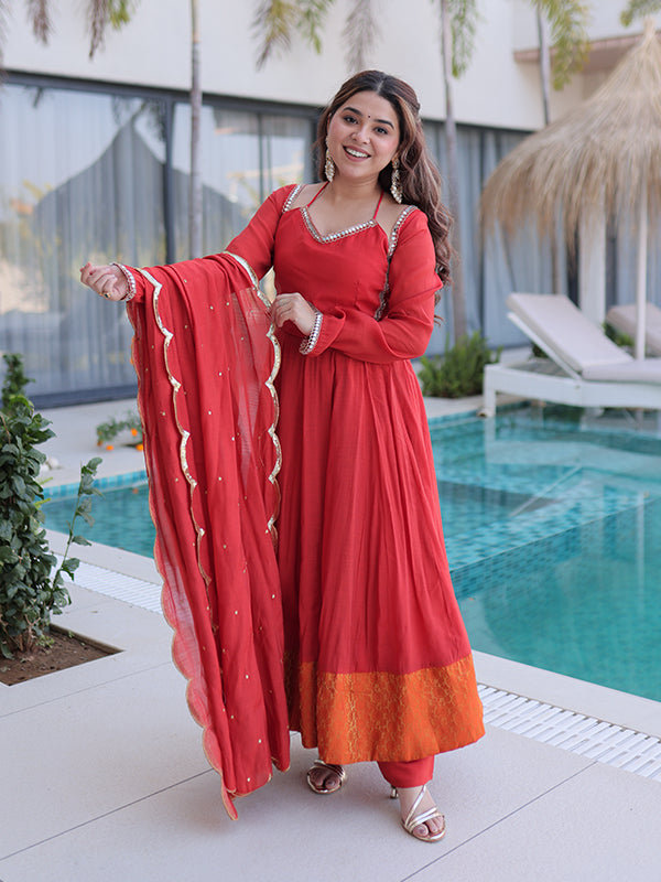 Rust Red Rich Mirror Lace work Mal Chanderi Gown With Dupatta