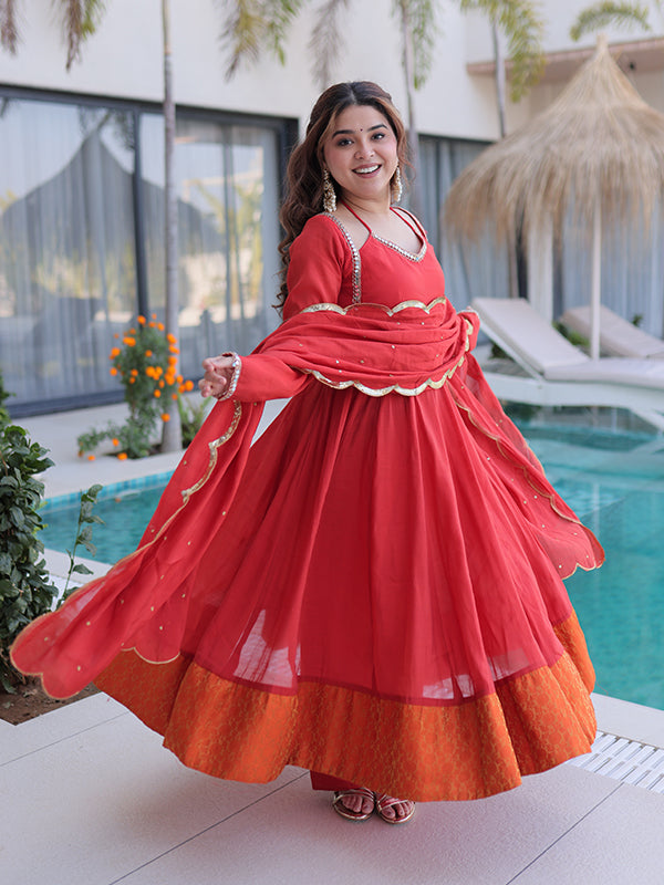 Rust Red Rich Mirror Lace work Mal Chanderi Gown With Dupatta