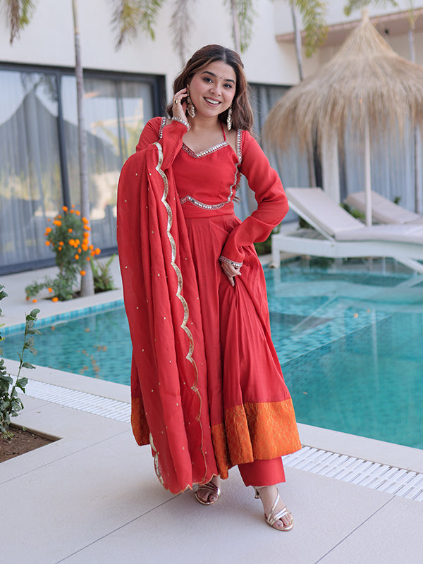 Rust Red Rich Mirror Lace work Mal Chanderi Gown With Dupatta