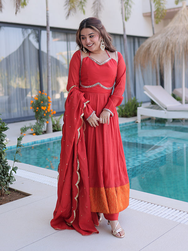 Rust Red Rich Mirror Lace work Mal Chanderi Gown With Dupatta