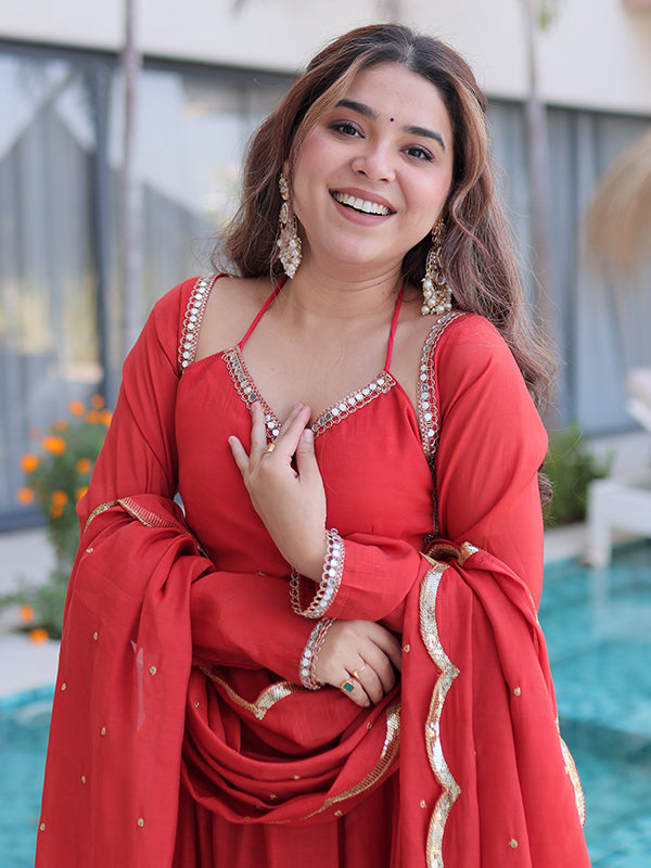 Rust Red Rich Mirror Lace work Mal Chanderi Gown With Dupatta