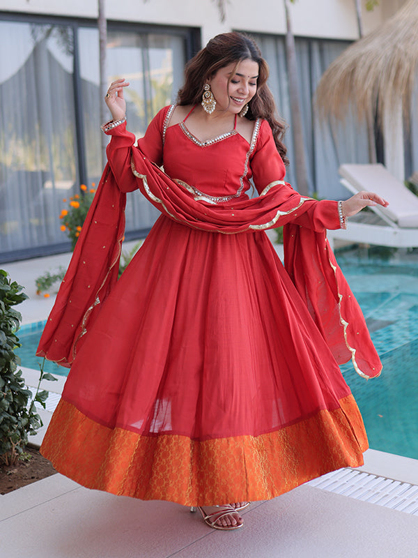 Rust Red Rich Mirror Lace work Mal Chanderi Gown With Dupatta