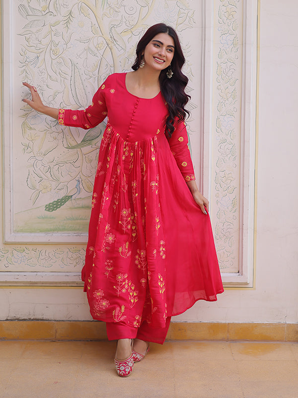 Pink Embroidered Work Mal Chanderi Kurti Pant Set