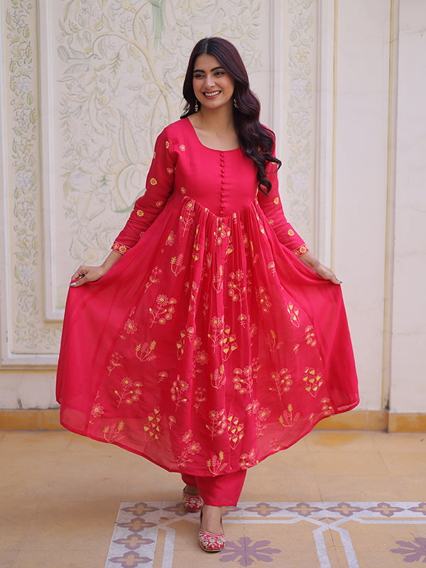 Pink Embroidered Work Mal Chanderi Kurti Pant Set